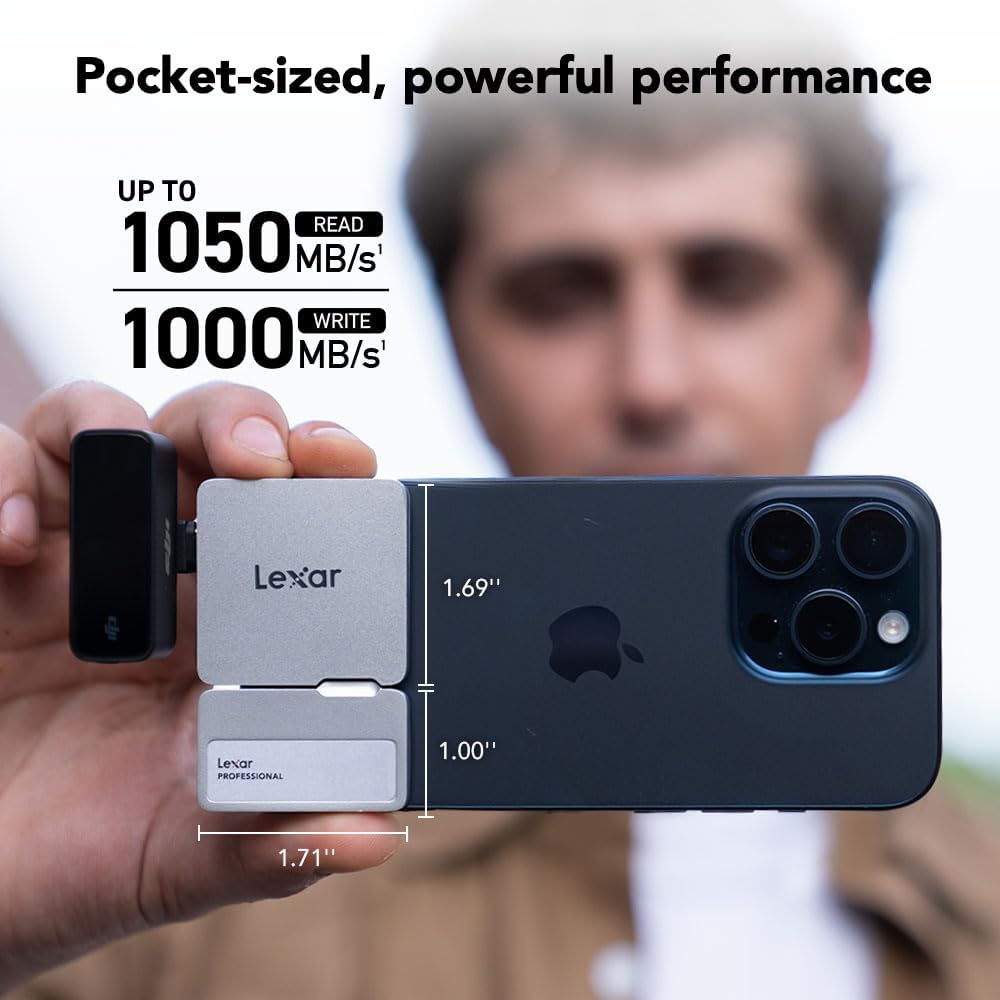 Lexar 1TB Professional Go Portable SSD, Supports Apple 4K 60fps ProRes, Up to 1050MB/s, USB 3.2 Gen 2, Rugged, IP65, Ultracompact, Compatible w/iPhone 15/16, External SSD (LSL400X001T-RNSNU)
