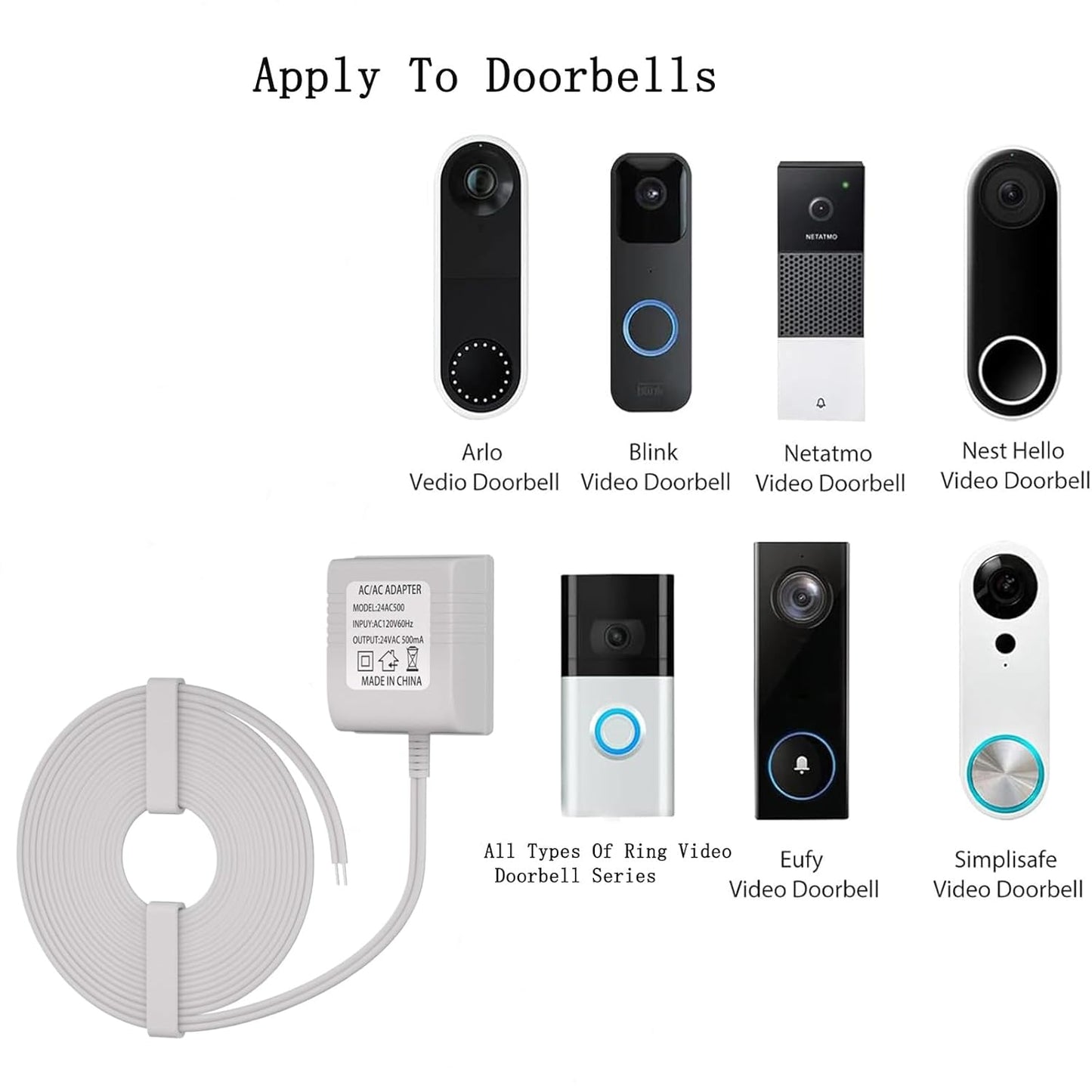 24V Doorbell Transformer 33FT Output Line for All Models of Ring Doorbells, Nest, Honeywell, Ecobee, Arlo, Wyze, Eufy (White),Reliable Power Supply for Smart Thermostats and Video Doorbells