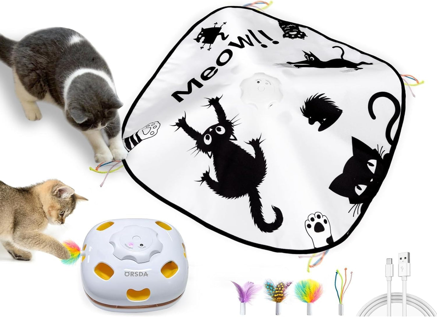 ORSDA Cat Toys Interactive, 4 in 1 Automatic Cat Toy, Hide and Seek, Whack a Mole, Magic Wand, Chasing Feather, with 4 Replacements, USB Rechargeable, for All Breed Sizes