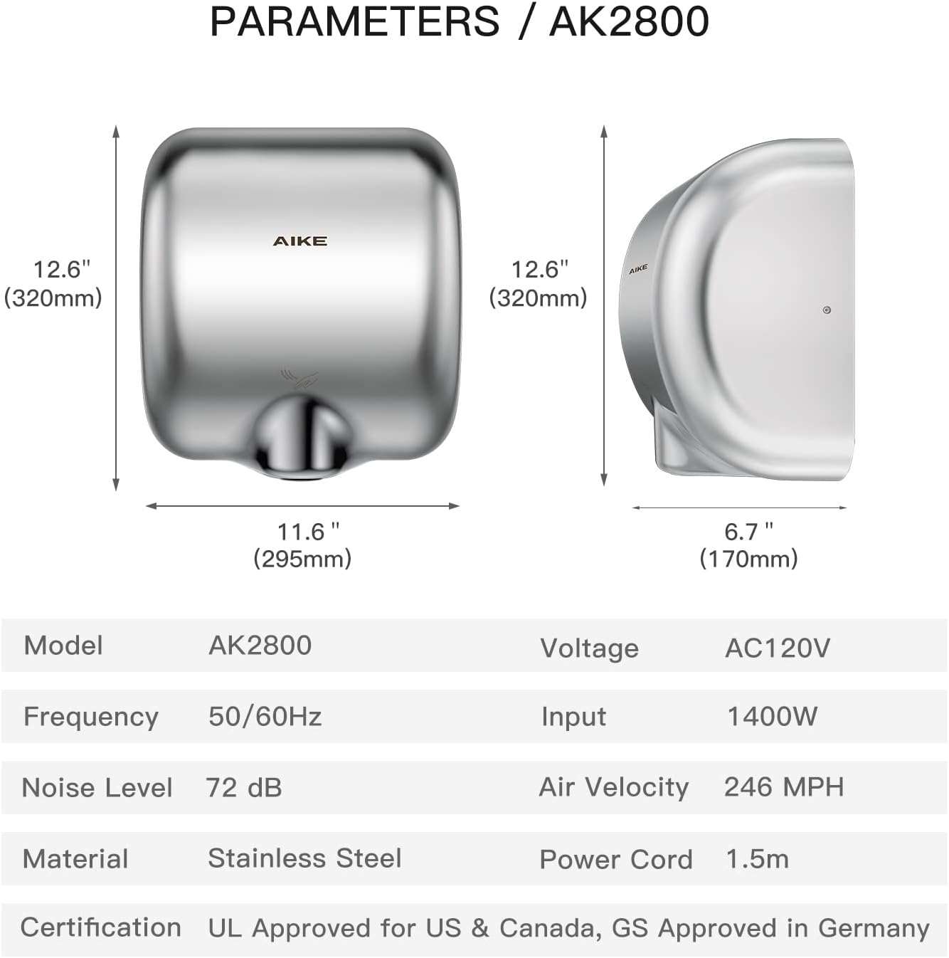 AIKE Surface Mounted High Speed Commercial Hand Dryer CUL Approved 120V 1500W, Brushed Stainless Steel Finish Model AK2800B