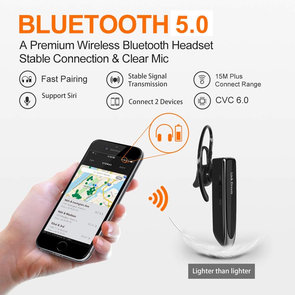 Bluetooth Earpiece Wireless Bluetooth Headset Handsfree 1440 Hours Standby Time with Noise Cancelling in-Ear Earbuds for Business/Office/Driving, Compatible iPhone/Android/Samsung Cellphone(Black)