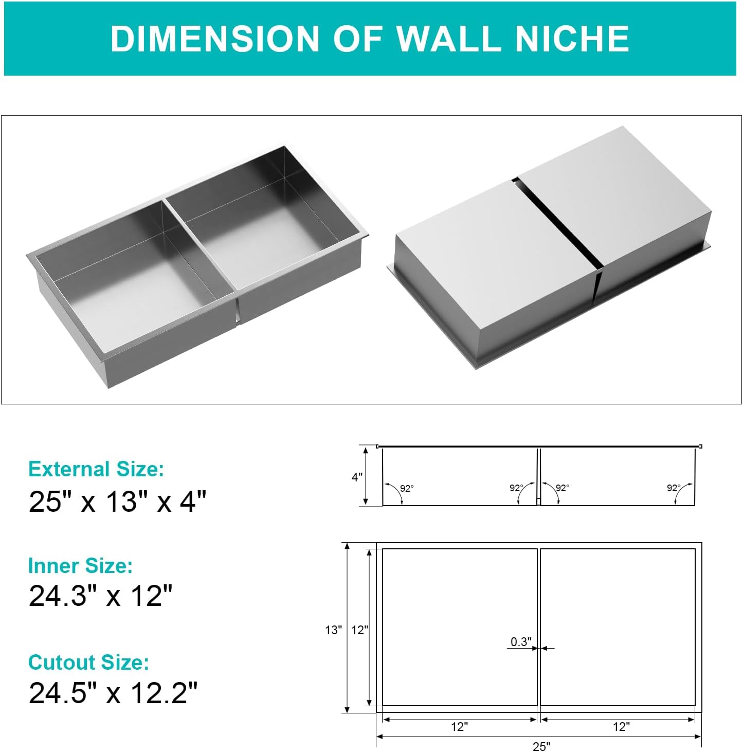 MENATT No Tile Shower Niche, Stainless Steel Wall Niche 13"X19"(Inner Size 12"X18"), Two-Tier Bathroom Shelf, NO Tile Needed Recessed Niche Shower for Bathroom Storage, Black