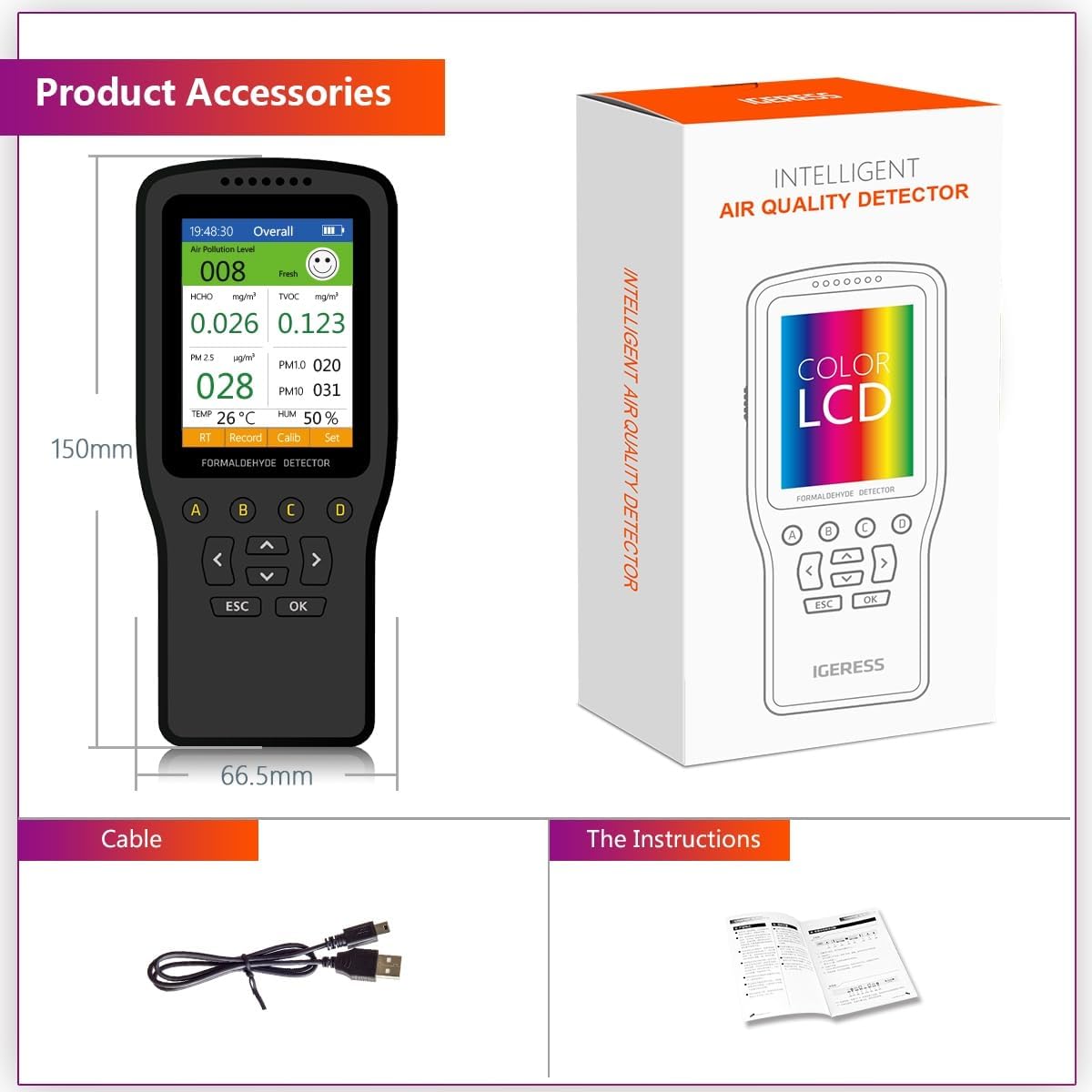 Air Quality Tester, 8 in 1 Air Quality Monitor Indoor,Formaldehyde Detector, voc Meter, Detect Indoor HCHO,TVOC,AQI,PM2.5,PM10,PM1.0,Temperature and Humidity Tester (Black)