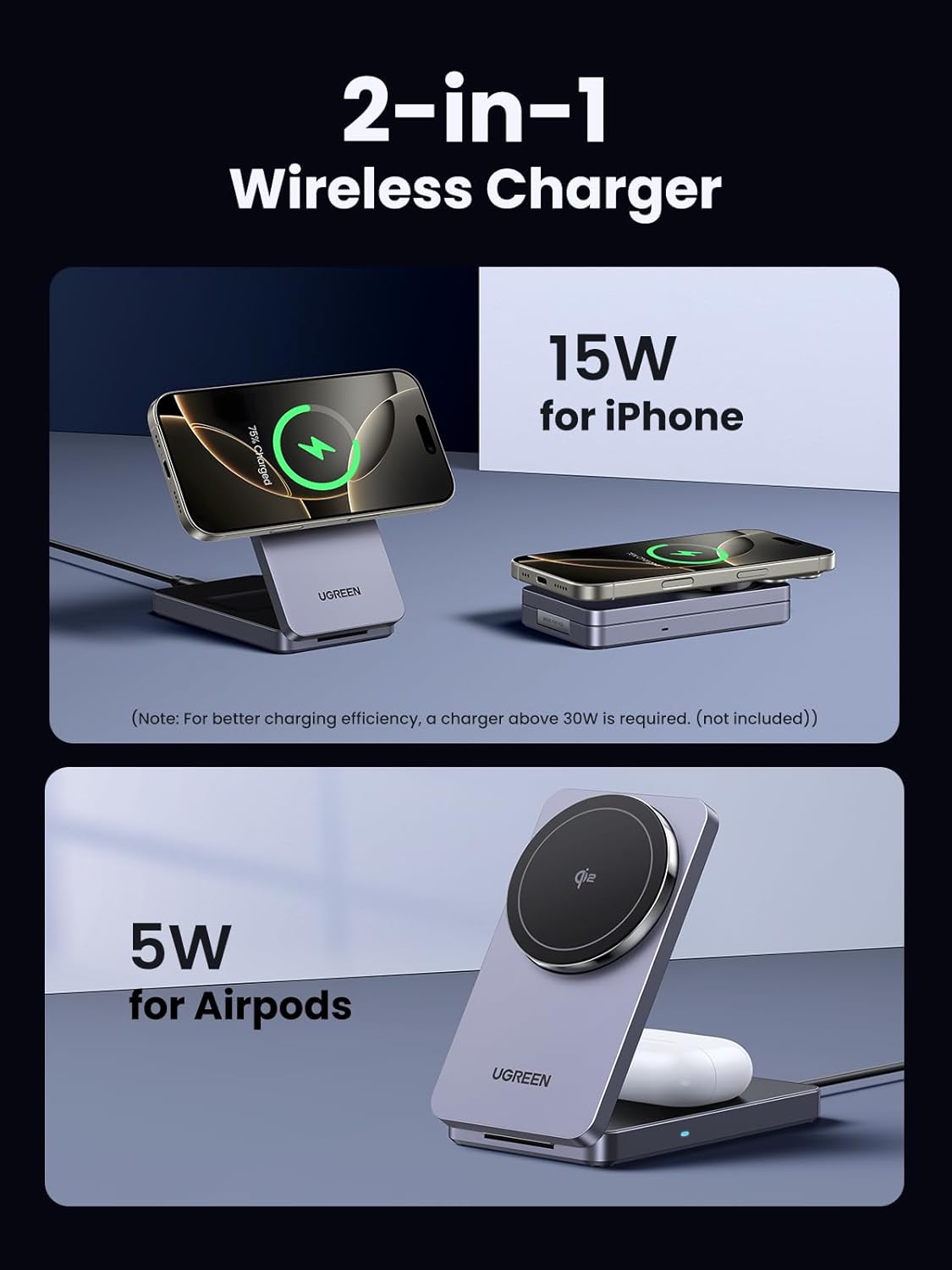 UGREEN Qi2 15W 2 in 1 Wireless Charging Station Magsafe Qi2 Certified Foldable Fast Charger Stand Compatible with iPhone16 iPhone 15-12 Series, AirPods Pro/2/3/4, Portable Travel Dock (No Adapter)