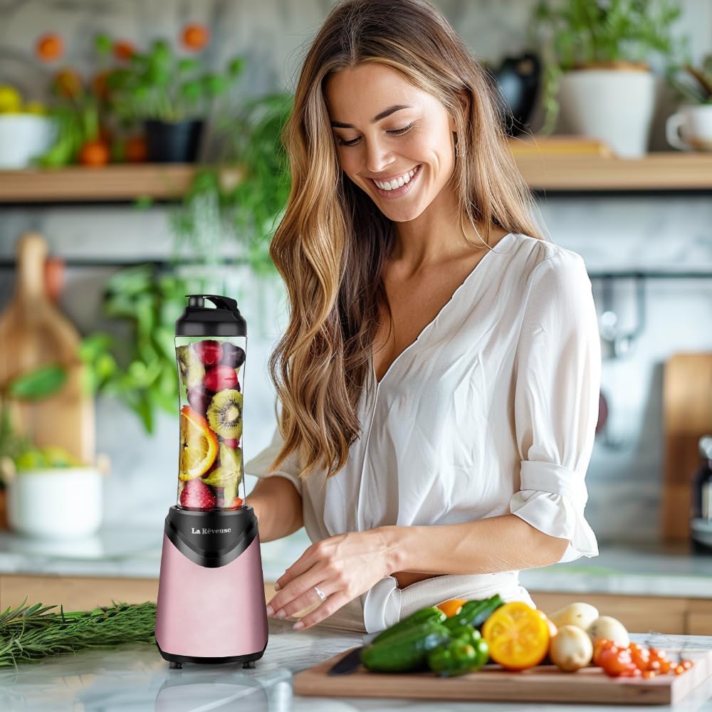 La Reveuse Smoothies Blender Personal Size 300 Watts with 2 Pieces 18 oz BPA Free Portable Travel Sports Bottles (Silver 2 Cups)