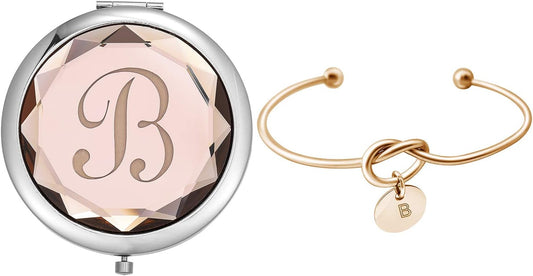 Compact Crystal Pocket Makeup Mirrors Set - Letter Mirror and Love Knot Bracelets for Bachelorette Party, Bridesmaid Proposal, Wedding Gifts (Champagne-B)