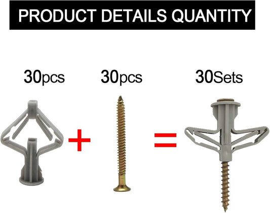 Drywall Anchor kit - Hollow Wall Anchors with Screws ,self-Drilling Hollow Wall Anchor, for Drywall,Nylon - Plastic - Buildex,60pcs (Anchor 30pcs+screw 30pcs) - PuriLite