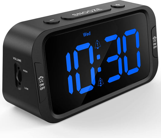 Odokee Digital Dual Alarm Clock for Bedroom, Easy to Set, 0-100% Dimmer, USB Charger, 5 Sounds Adjustable Volume, Weekday/Weekend Mode, Snooze, 12/24Hr, Battery Backup, Compact Clock for Bedside(Blue)