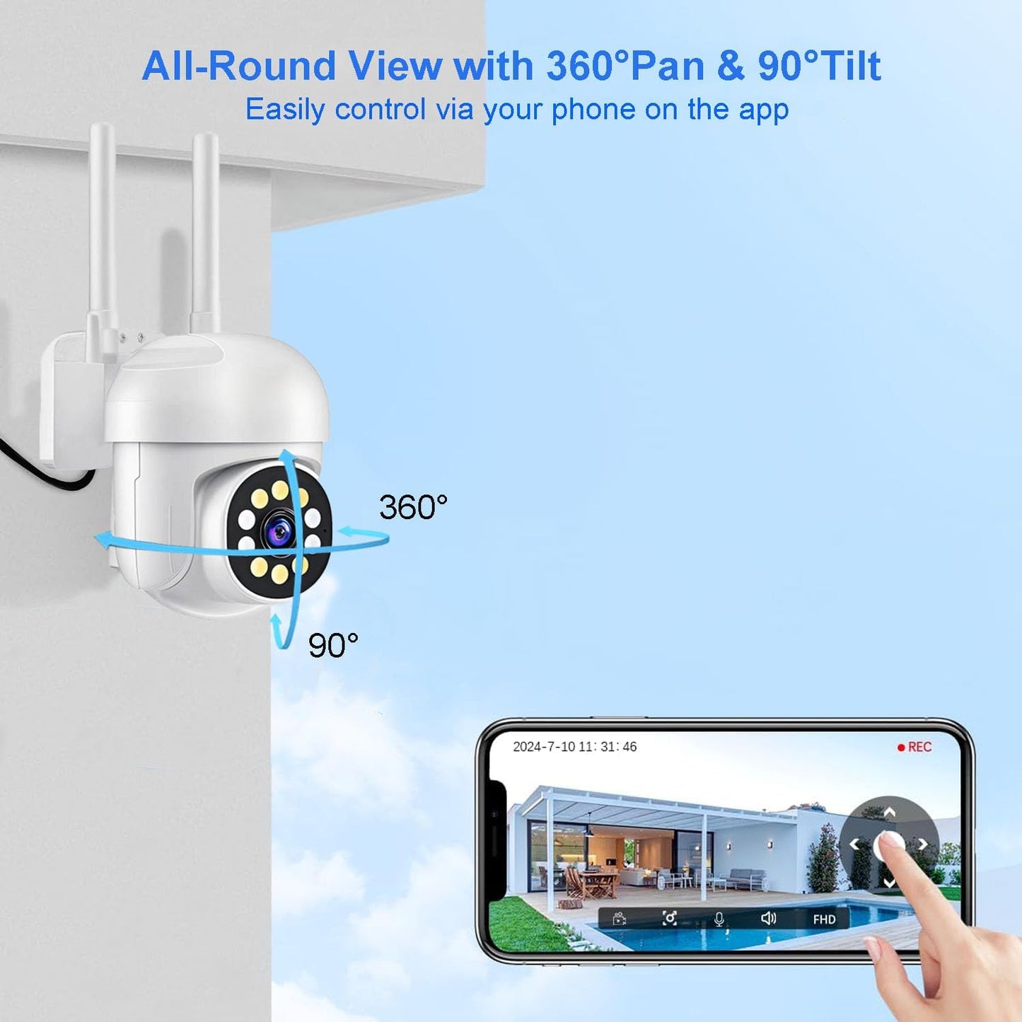 2K HD Security Camera Outdoor with 360° Pan-Tilt Motion Tracking, Home Camera Surveillance Exterieur, Wireless 2.4G WiFi Wired Security Camera, Full Color Night Vision, 2-Way Audio, Waterproof