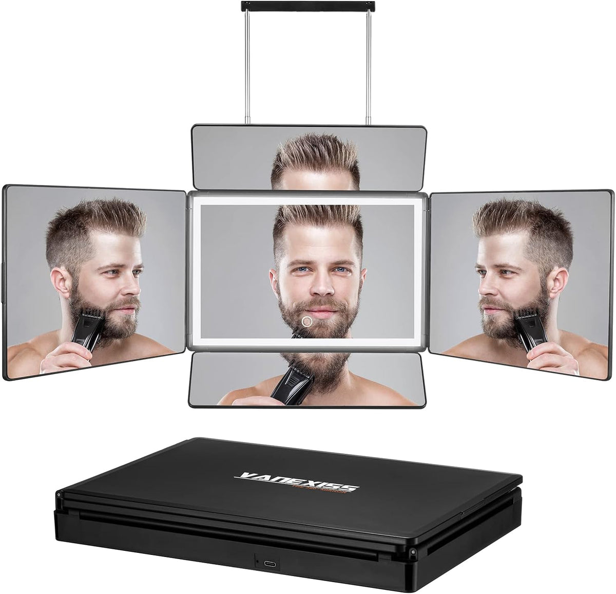 Rechargeable 5 Way Mirror for Hair Cutting, Real Glass Adjustable Trifold Mirror with Light & Telescoping Hooks for Makeup & Styling - Portable DIY Tool to Cut, Trim or Shave Your Head & Neckline