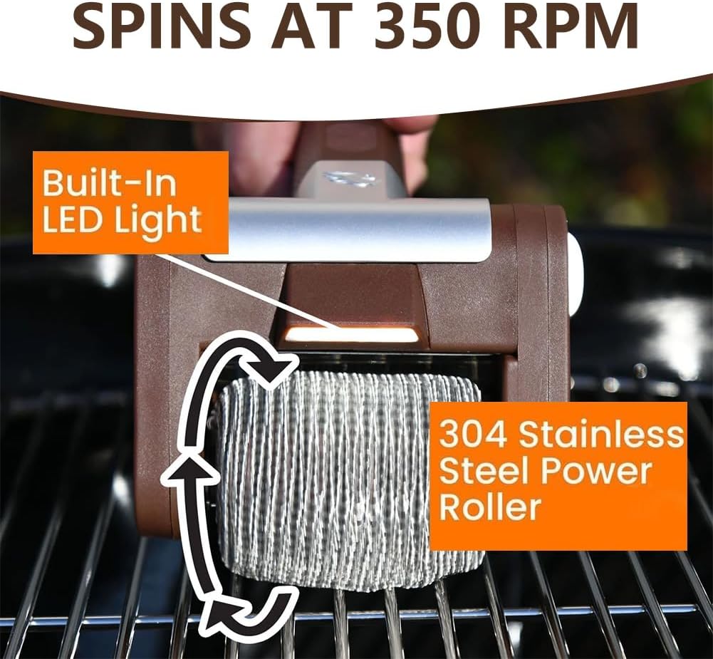 Cordless Electric Grill Brush, Stainless Steel Power Roller Blasts Rotating Cleaning Brush with Built-in Led Lights, Rechargeable BBQ Brush Cleaner for Outdoor BBQ Bathroom and Kitchen
