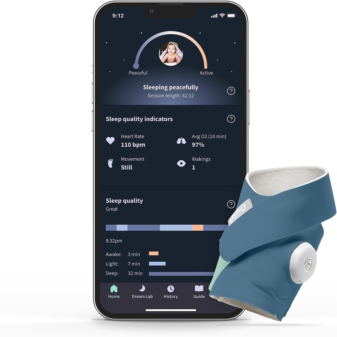 Owlet Dream Sock - Smart Baby Monitor View Heart Rate and Average Oxygen O2 as Sleep Quality Indicators. Wakings, Movement, and Sleep State. Digital Sleep Coach and Sleep Assist Prompts, Mint