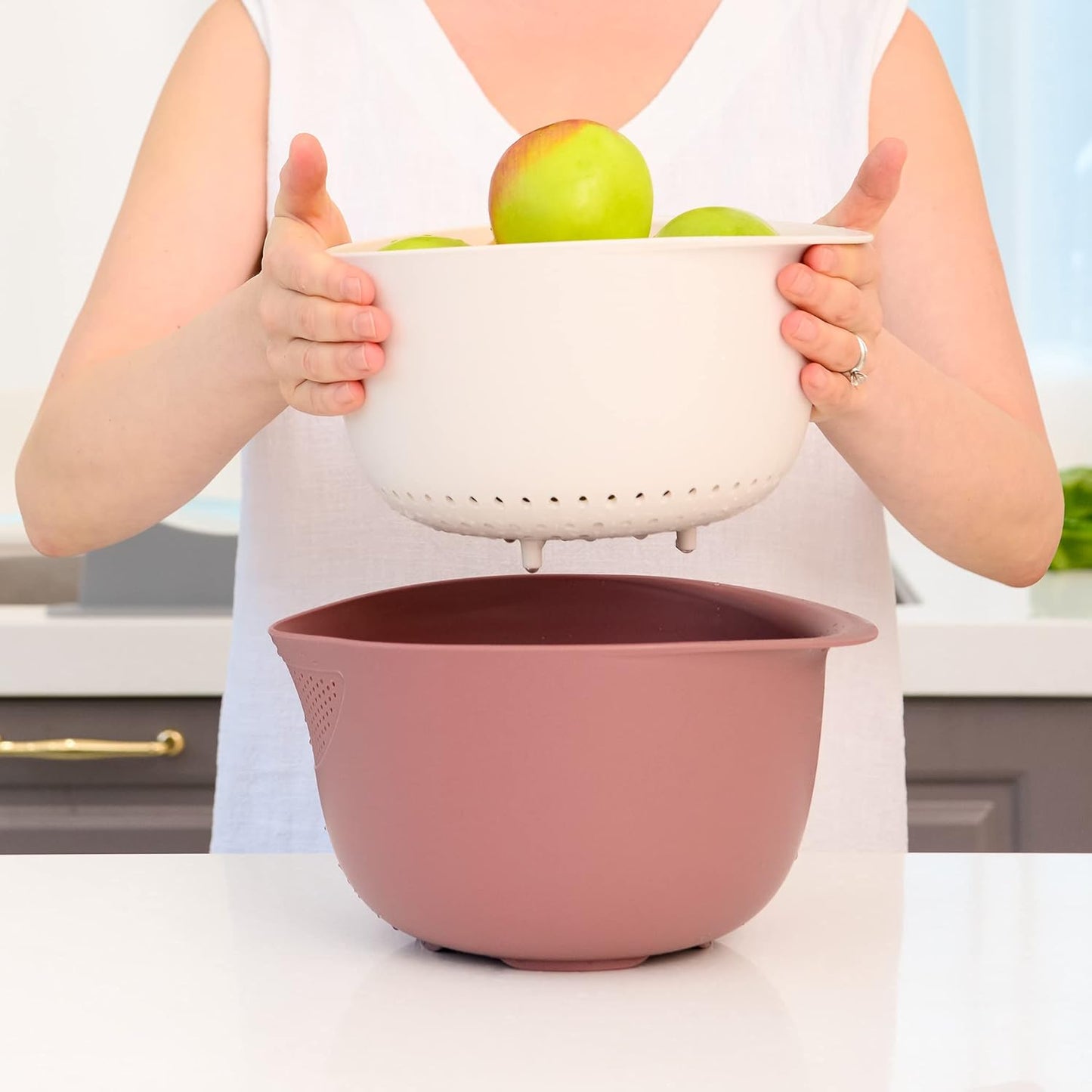 Blue Ginkgo Rice Washing Bowl and Colander Kitchen Set - Strain Rice, Quinoa and Small Grains - Soak, Wash and Drain Produce (4 Quart) - Cream and Limestone