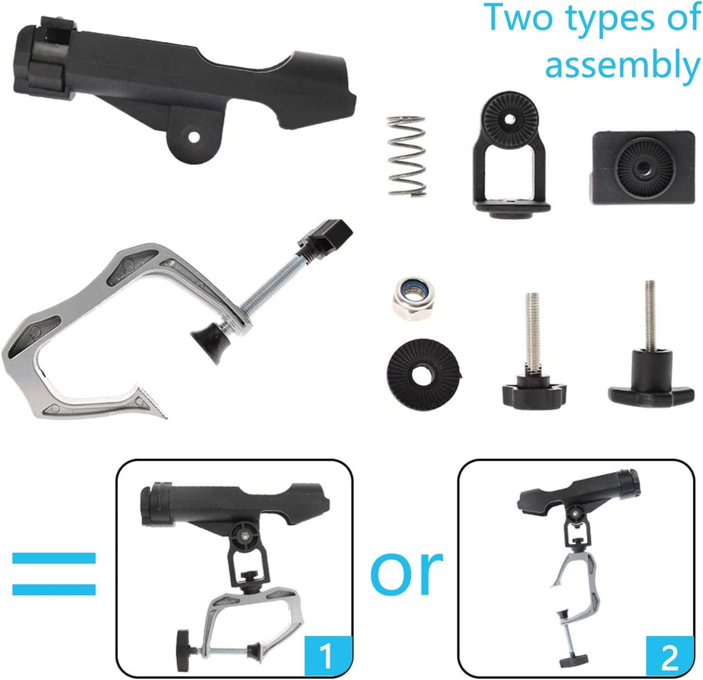 ROUDJER Fishing Rod Holders for Boats, 2 PCS 360 Degree Adjustable Rod Racks with Large Clamp Opening, Universal Fishing Accessories for Kayak Canoe, Easy Installation, Fishing Gifts for Men (Black)