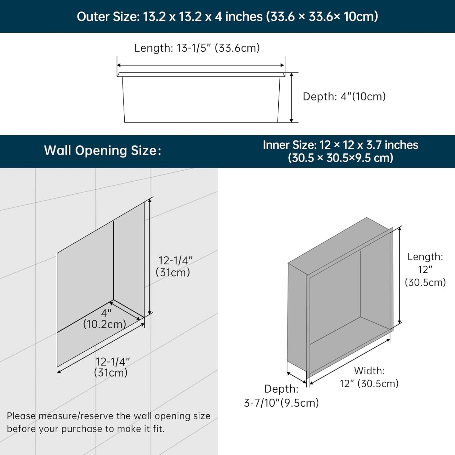 BLYLUND Shower Niche 12" x 24" NO Tile Needed,Matte Black Double Shelf Organizer, Square Corners Wall-Inserted Niche Recessed Shower Shelf Modern Soap Niche for Bathroom
