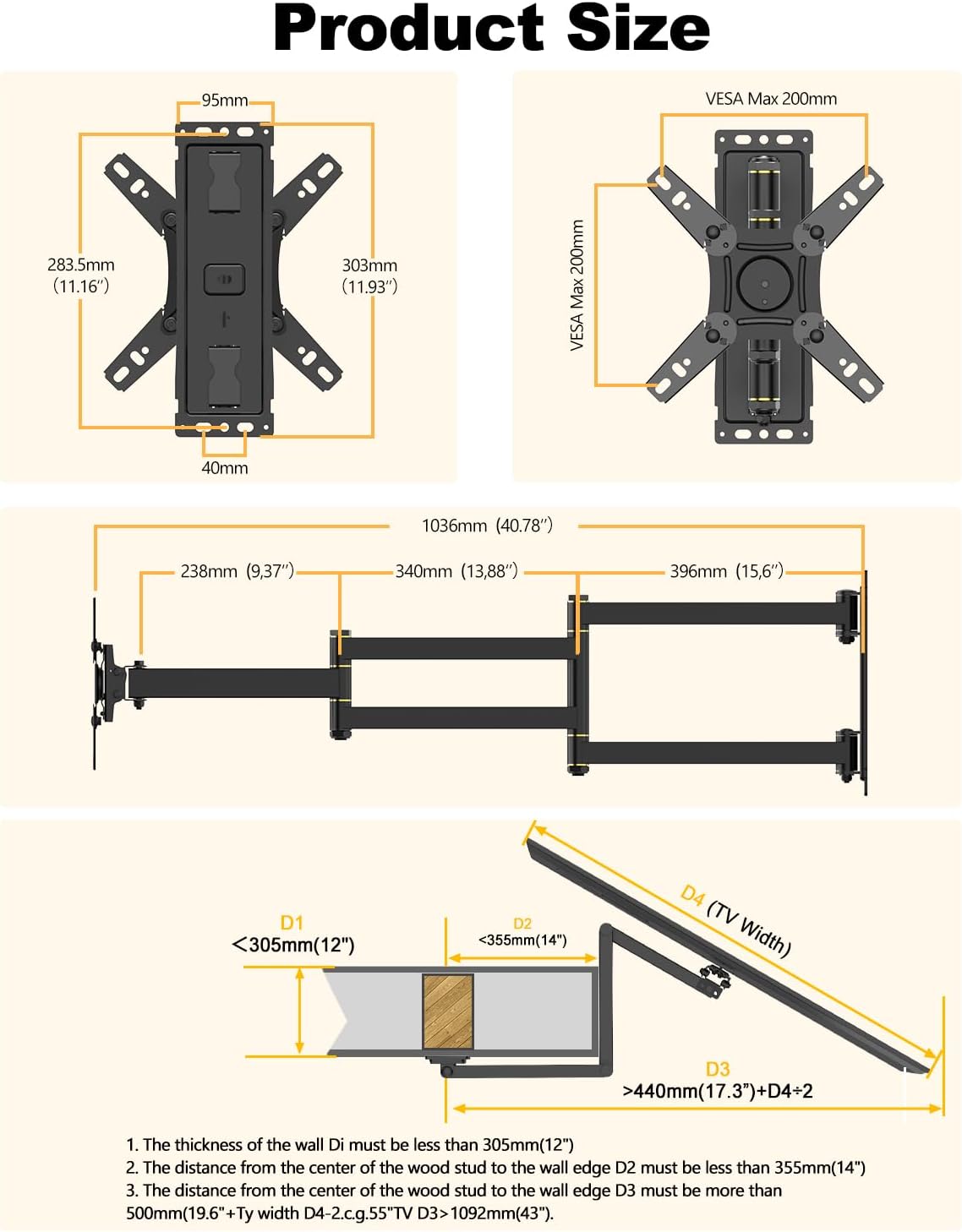 WHYFONE Long Arm Corner TV Monitor Wall Mount with 40.78" Extension for Most 13-43inch TVs Monitors, Full Motion Articulating Triple Arm Foldable, Max VESA 200x200mm, Vertical TV Mount