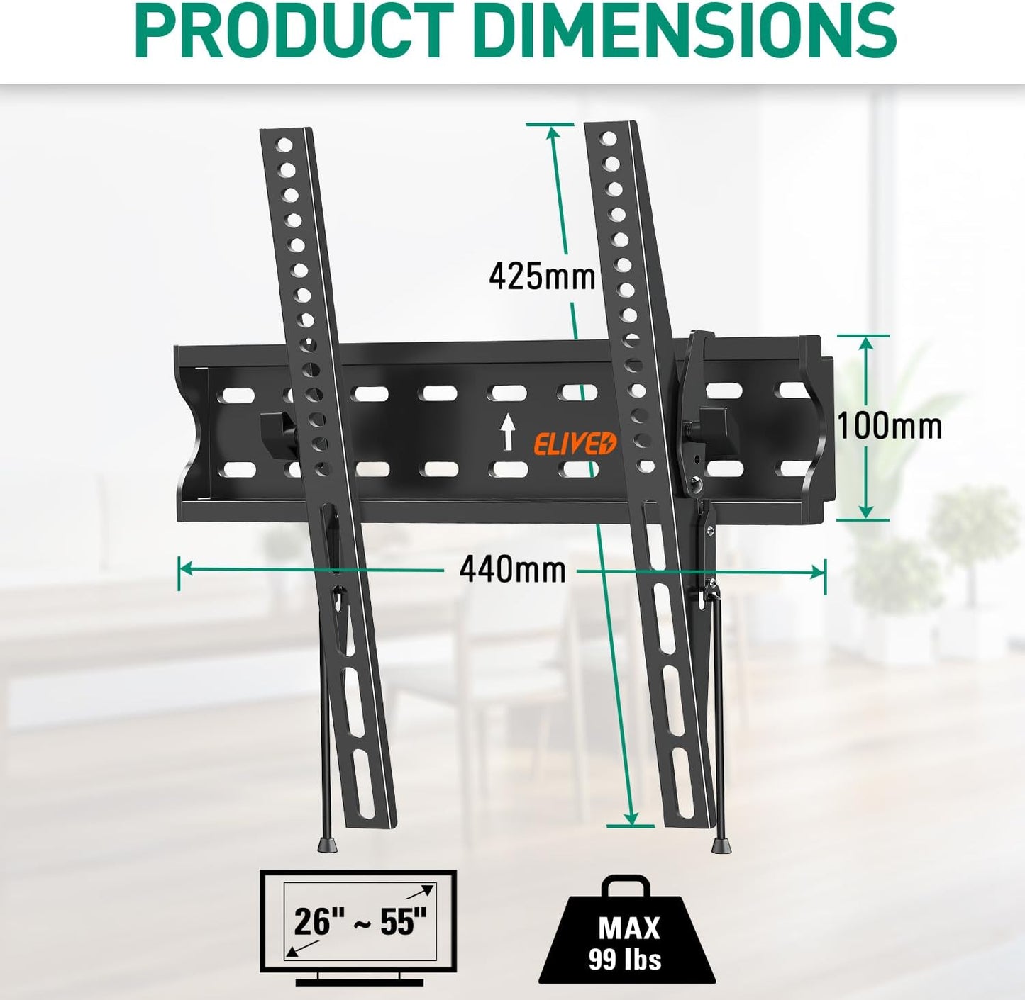 Tilting TV Wall Mount Bracket, Universal TV Mount Low Profile for 26-55 Inch Flat Screen TVs, Ultra Slim, Easy to Install with Tilting Knob, Fits 12''/16'' Studs, Max VESA 400x400mm, 99 lbs. ELIVED