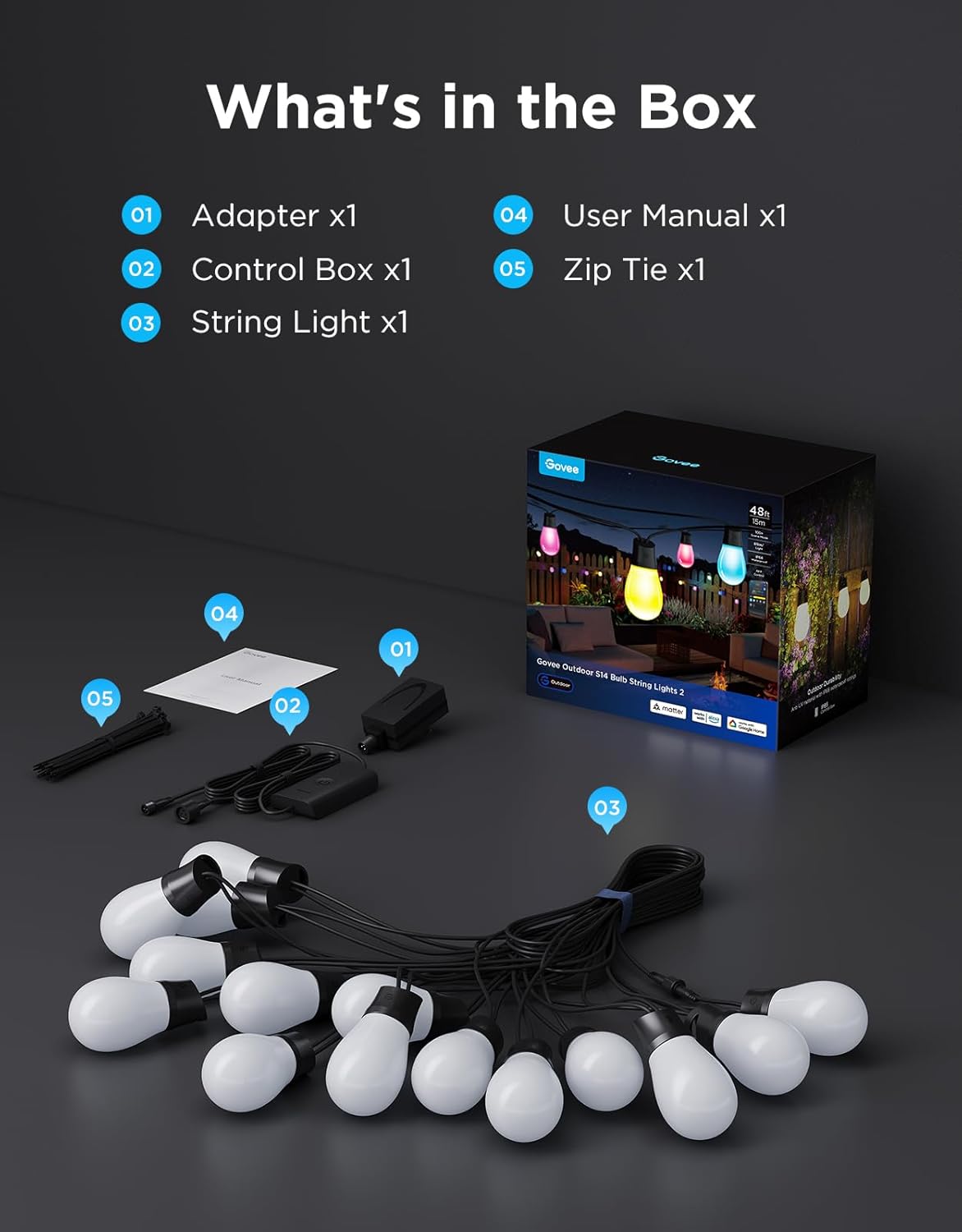 Govee S14 Bulb Outdoor String Lights 2, 96ft Smart RGBIC Warm White Patio Lights with 30 LED Bulbs, 111 Scene Modes for Outdoor Decor, Works with Alexa, Google, Matter, APP Control, IP66 Waterproof