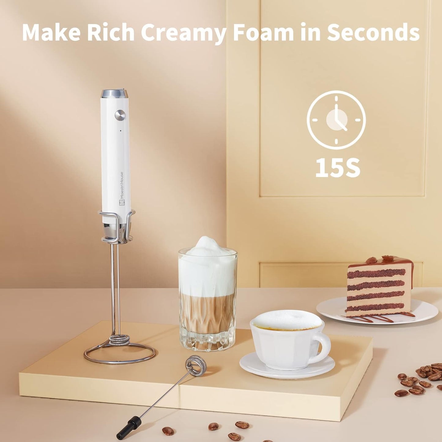 Maestri House Rechargeable Milk Frother, Handheld Electric Foam Maker Waterproof Detachable Stainless Steel Whisk Drink Mixer Foamer with Stand,LunaFro