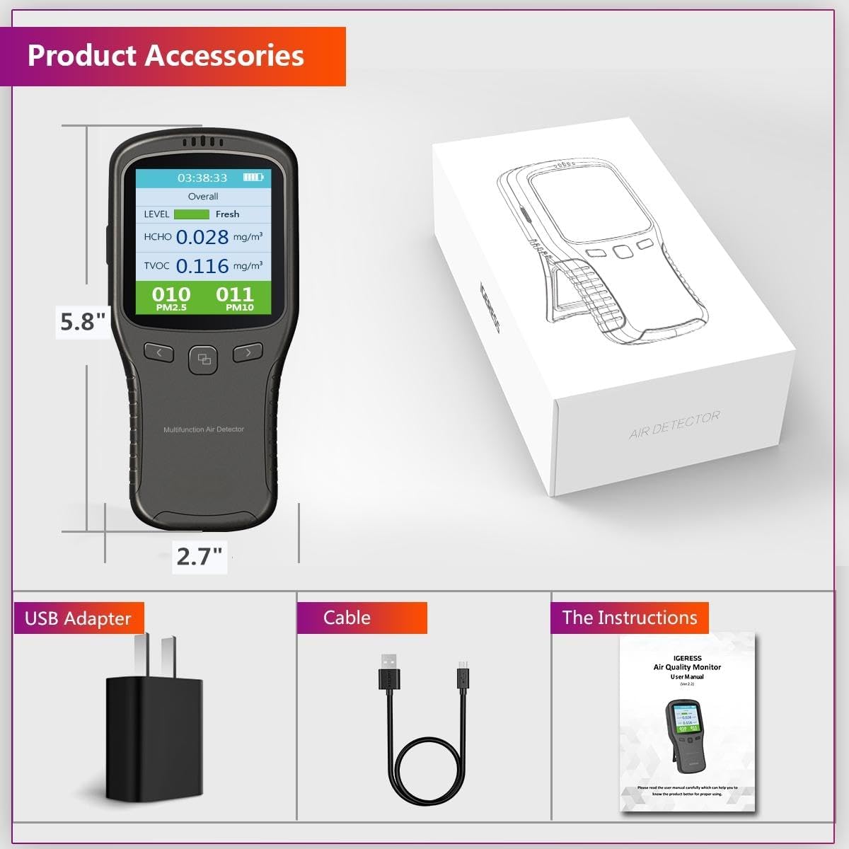 Air Quality Tester, 8 in 1 Air Quality Monitor Indoor,Formaldehyde Detector, voc Meter, Detect Indoor HCHO,TVOC,AQI,PM2.5,PM10,PM1.0,Temperature and Humidity Tester (Black)