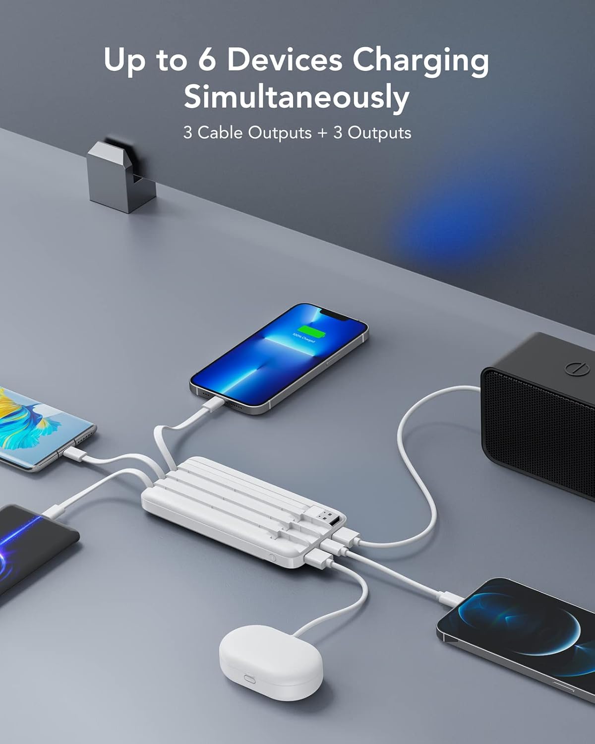 Charmast Portable Charger with Built in Cables, Power Bank with Cords Wires, Slim 10000mAh Travel Battery Pack 6 Outputs 3 Inputs 3A Fast Charging for Samsung Google Pixel LG Moto iPhone iPad