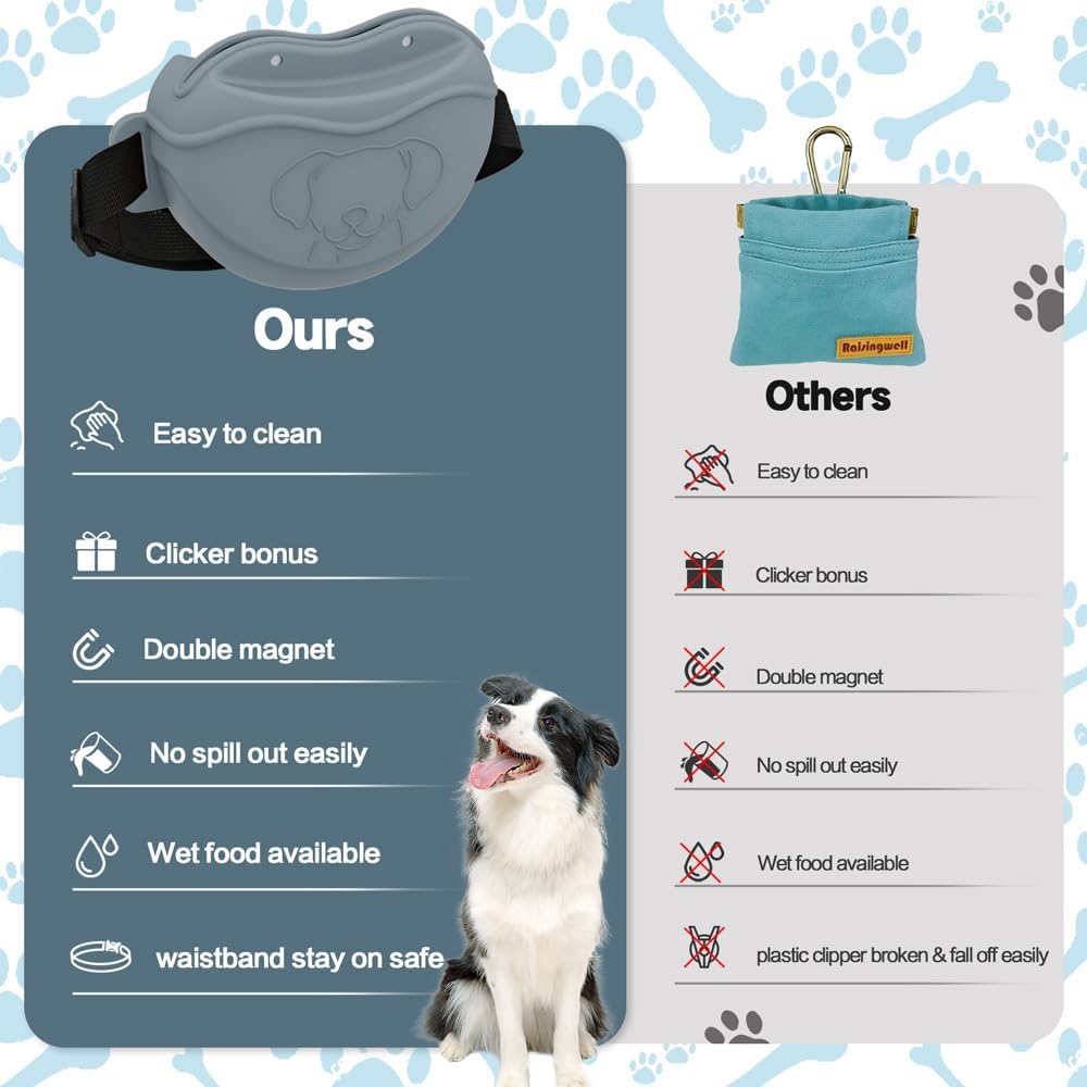 TUCANA Silicone Dog Treat Pouch for Pet Training – Upgraded 4 Strong Magnets Enhanced Magnetic Closure, Ease of Cleaning, Come with Adjustable Wasit Belt and Effective Dog Clicker (Grey)