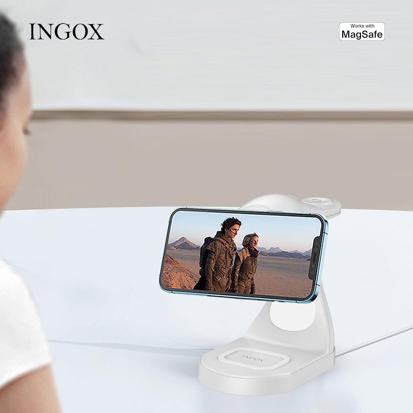 INGOX 4 in 1 Magnetic Wireless Charger Stand for iPhone 16 15 14 13 12 Pro/Max/Plus/Mini, AirPods Pro/3/2, and Watch 9/8/7/6/SE/5/4/3, Fast Charging Station, White Dolphin, 20W