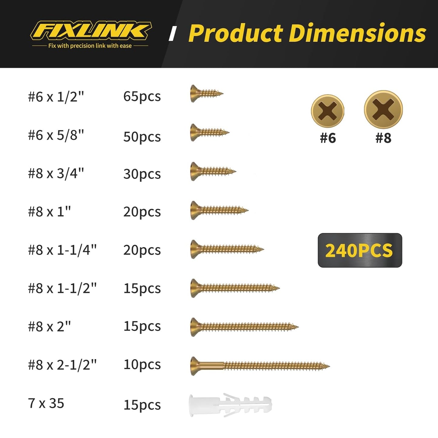 Wood Screws Assortment Kit, FIXLINK 240 PCS High Hardness Flat Head Wood Screws Set, Phillips Drive Screws, Contain 15PC Drywall Anchor and 8 Size (2-1/2”,2”,1-1/2”,1-1/4”,1”,3/4”,5/8”,1/2”), Black