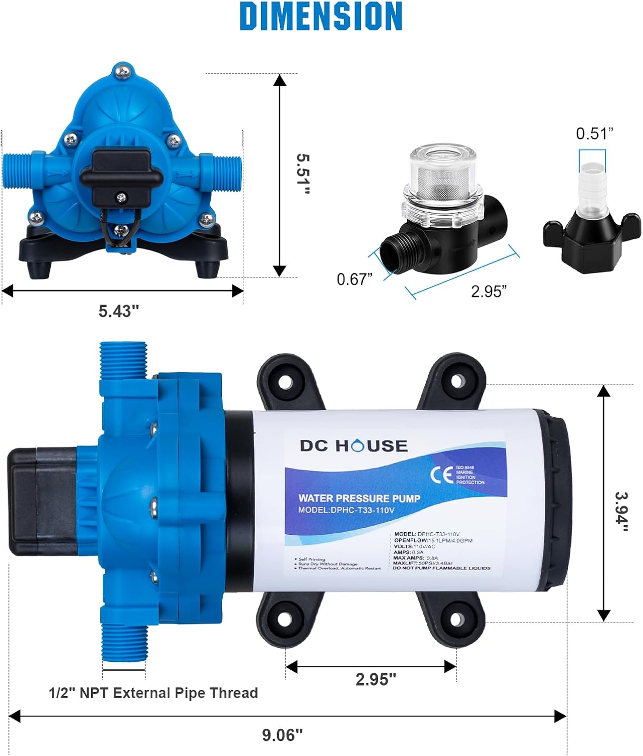 DC HOUSE 12V RV Fresh Water Pump 3.0GPM 45 PSI 12Volt DC Water Pressure Diaphragm Pump On Demand for Camper Trailer Off-Grid Cottage Yacht House