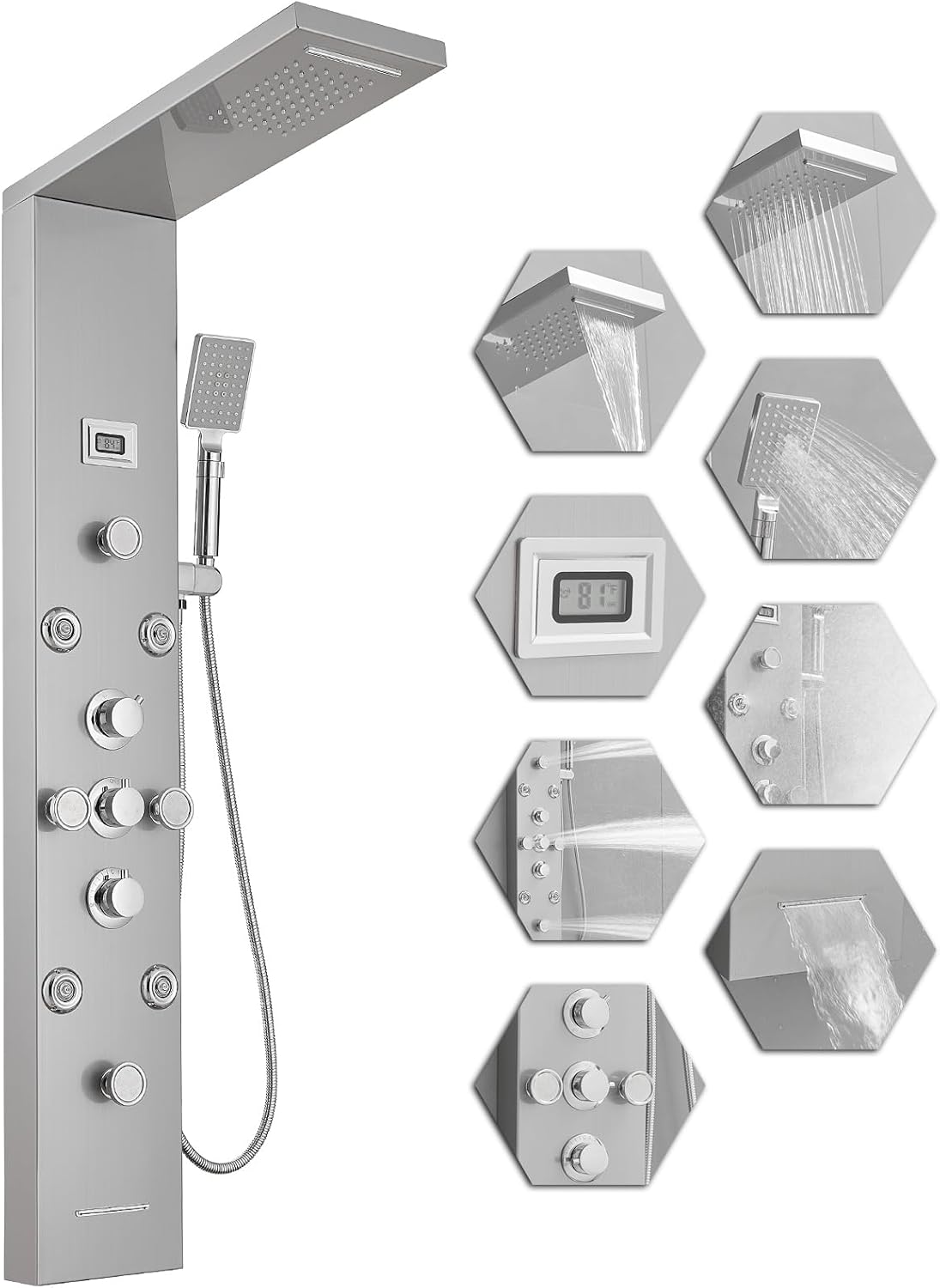 Bathfinesse Shower Tower Bathroom Shower Panel System Rain Massage System 6 in 1 Body Spray Jets Shower Wall Panels Rainfall Waterfall Shower Head Tub Spout with Temperature Display,Matte Black