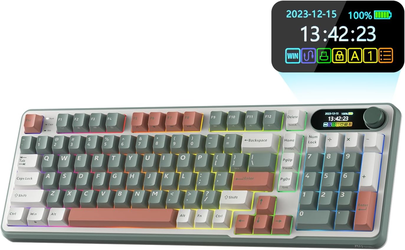 RK ROYAL KLUDGE S98 Mechanical Keyboard w/Smart Display & Knob, Top Mount 96% Wireless Mechanical Keyboard BT/2.4G/USB-C, Hot Swappable, Software Support, Massive Battery, 98 Keys