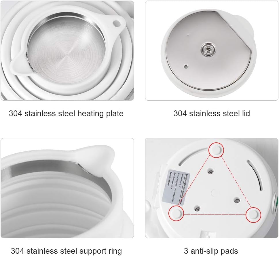 120V 555ML Ultrathin Travel Foldable Electric Kettle with Separable Power Cord and Handle, Boil Dry Protection, Food Grade Silicone