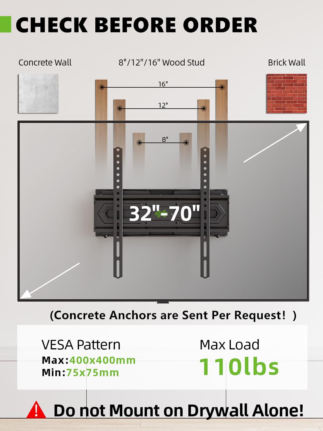 USX MOUNT UL Listed Full Motion TV Wall Mount for Most 32-70 inch TVs up to 110lbs, Wall Mount TV Bracket with Dual Swivel Articulating Arms, Max VESA 400x400mm and 16" Wood Studs, XMM021