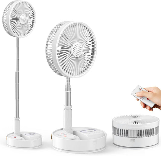 HHT Foldable Portable Standing Fan with Remote, 8" Rechargeable Floor Fan, 120° Quiet Oscillating Fan, 4 Speeds, LED Light, Timer, 7200mAh Battery, Adjustable Height Table Fan for Home Travel