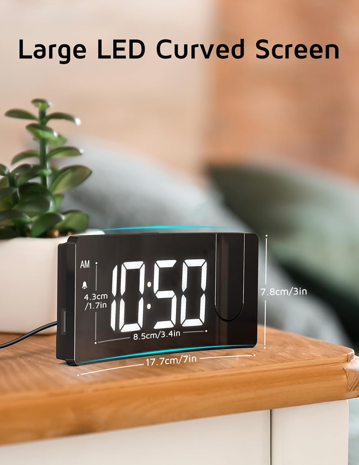 GOLOZA Projection Alarm Clock, Digital Clock with Modern Curved Design 180° Rotatable Projector, 3-Level Brightness Dimmer, Clear Blue LED Display, Progressive Volume, 9mins Snooze,12/24H, for Bedroom