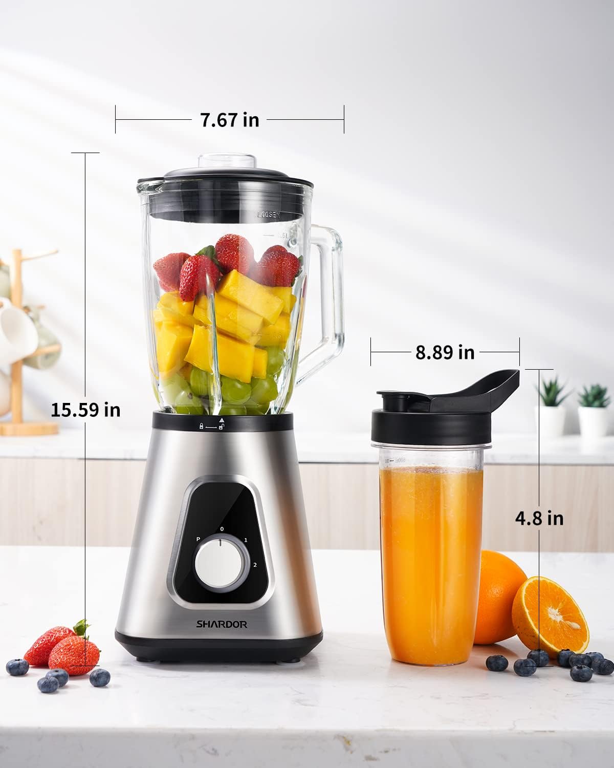 SHARDOR 1200W Blender for Smoothies, Countertop Blender Combo, 52oz Glass Jar, 22oz Travel Cup, 3 Adjustable Speed for Frozen Fruit Drinks, Smoothies, Sauces, Shakes, Silver