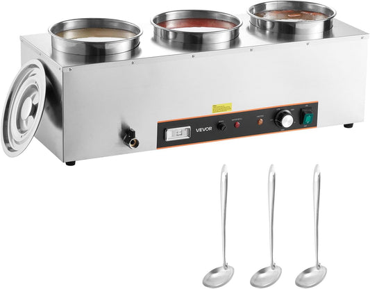VEVOR Electric Soup Warmer, Three 6.34QT Stainless Steel Round Pot with 86~185°F Adjustable Temp, 1500W Commercial Bain Marie with Anti-Dry Burn and Reset Button, Soup Station for Restaurant, Buffet - PuriLite