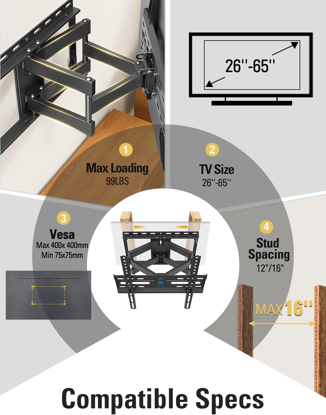 Mounting Dream TV Wall Mount for Most 32-65" Flat Screen TVs, Full Motion TV Mount with Dual Swivel Articulating Arms, Easy for TV Centering, Max VESA 400x400mm, 99 lbs Loading MD2380