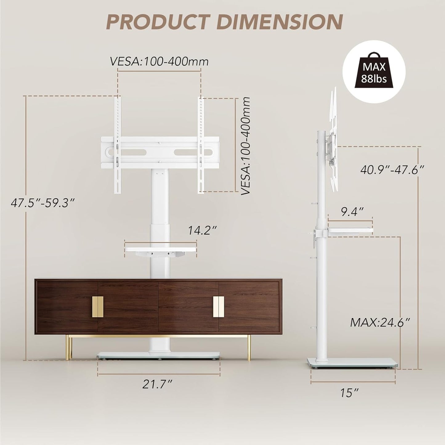 Universal Floor TV Stand with Mount 80 Degree Swivel Height Adjustable and Space Saving Design for Most 27 to 65 inch LCD, LED OLED TVs, Perfect for Corner & Bedroom AX1006TB