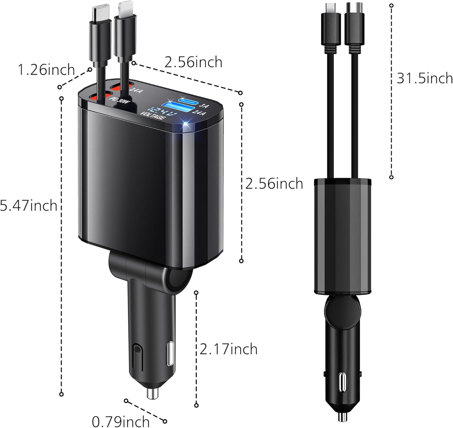 TICCI Retractable Car Charger 66W USB C Retractable with Cables, Car Phone Charger for iPhone 16/15/14 Android, Galaxy, Pixel, Car Accessories Fast Charging for Men Women, Black,
