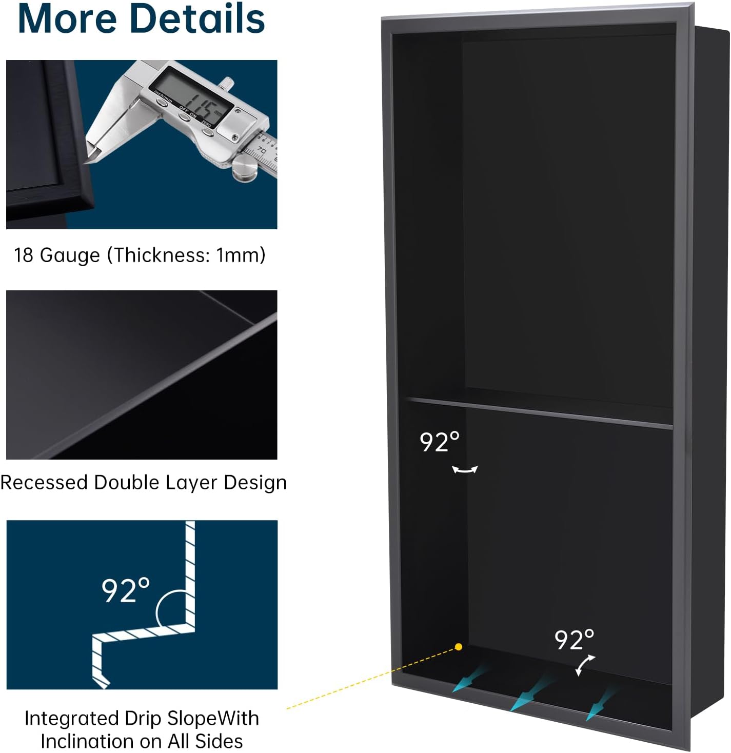 BLYLUND Shower Niche 12" x 24" NO Tile Needed,Matte Black Double Shelf Organizer, Square Corners Wall-Inserted Niche Recessed Shower Shelf Modern Soap Niche for Bathroom