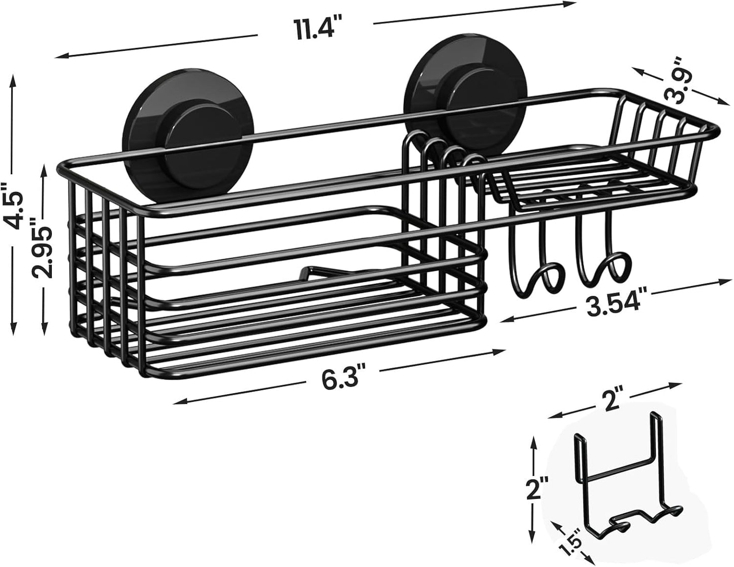LEVERLOC Shower Caddy Suction Cup, 2 Pack Black Shower Shelf with Hooks and Soap Holder, NO-Drilling Bathroom Organizer, Rustproof Metal Bathroom Storage and Organization