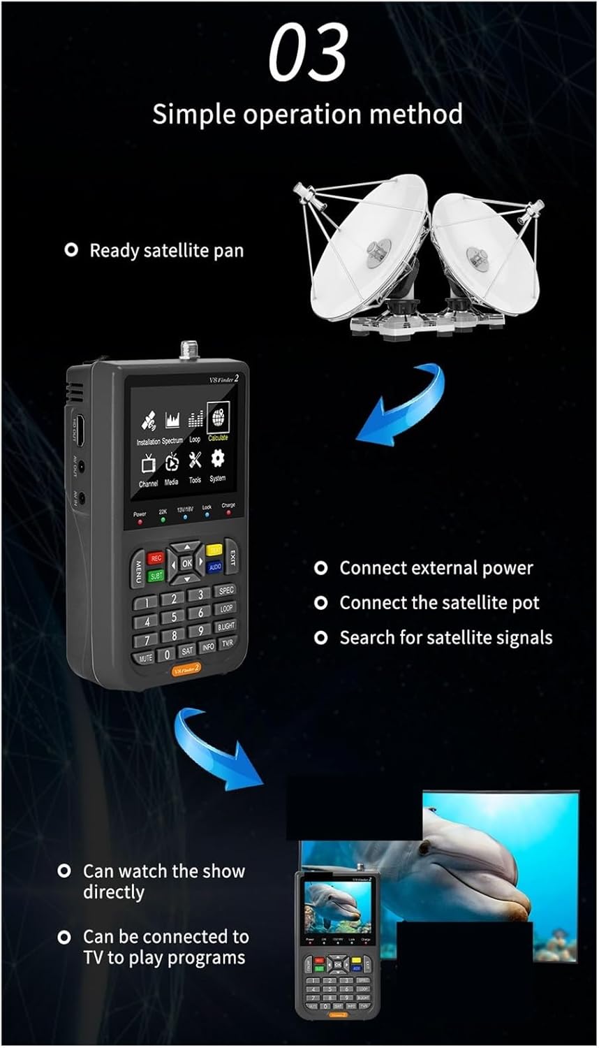 V8 Finder2 Satellite Signal Detector FTA DVB-S/S2/S2X Digital Signal Receiver LCD HD Screen for Adjusting Satellite TV for Dish Network Directv(FD2 Black Bag Charge)
