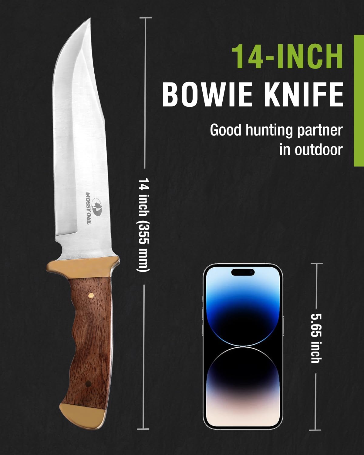 MOSSY OAK 14-inch Bowie Knife, Full-tang Fixed Blade Wood Handle with Leather Sheath for Camping Survival