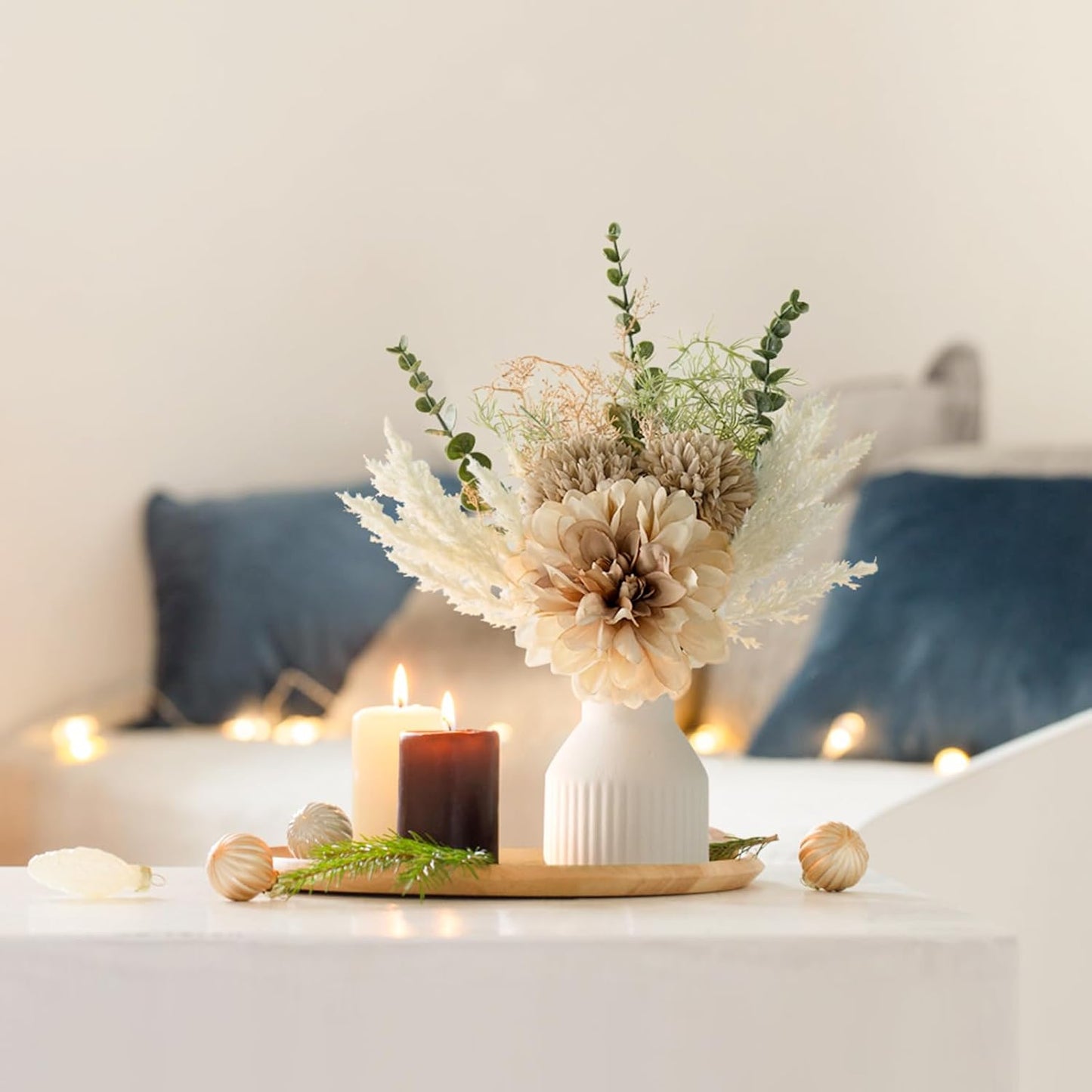 Mkono Small Artificial Flowers in Ceramic Vase 13.5 Inch Coffee Table Decor Silk Floral Arrangements for Home Decor Fake Flowers Bouquet for Bathroom Dining Room