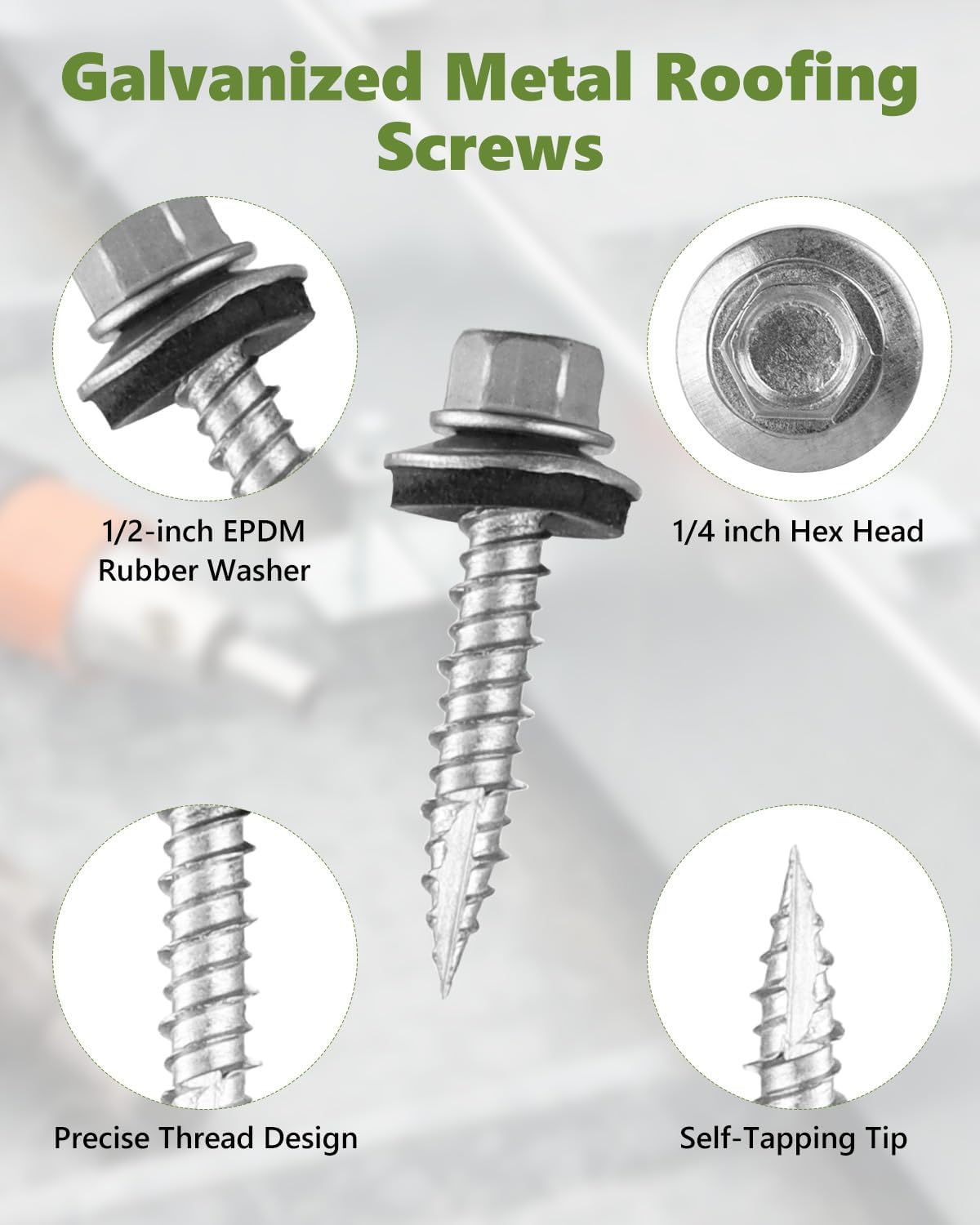 AOKLIT Hex Head Roofing Screws #10 × 1 Inch, 500Pcs Zinc Plated Self Tapping Metal Roof Screws with Rubber Washers for Metal and Corrugated Roofing Panels (Hex Socket Included)