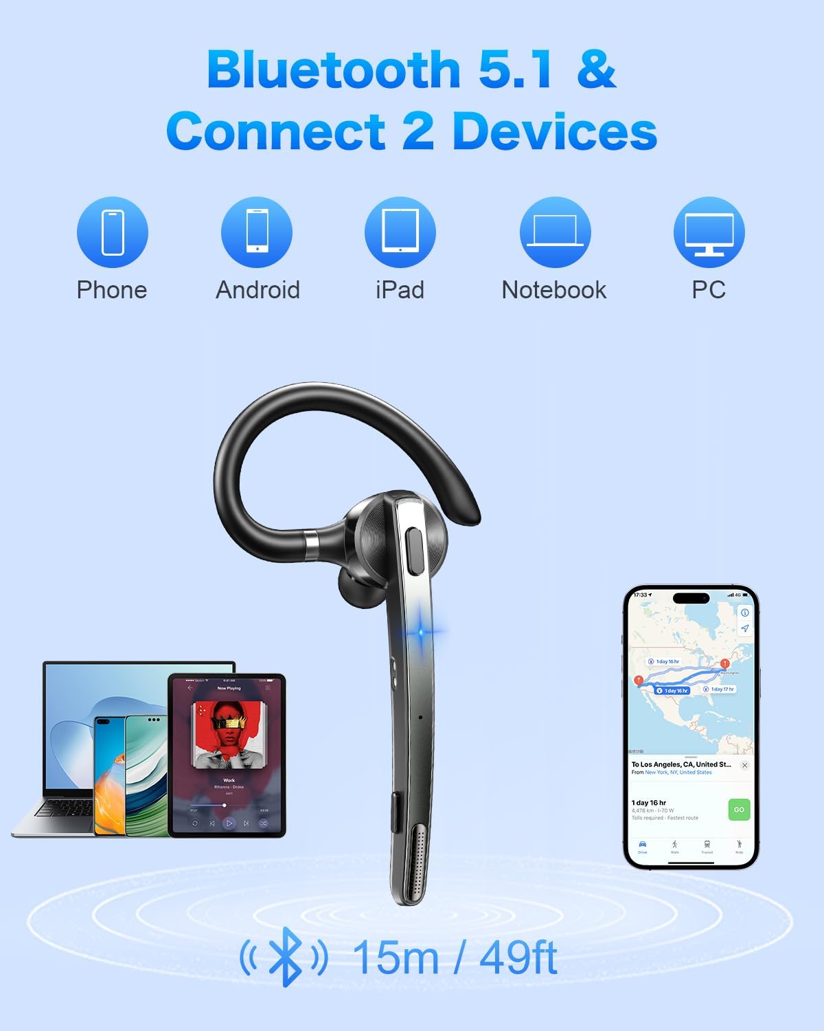 Bluetooth Headset V5.1, Wireless Headset with 500mAh Charging Case ENC Noise Cancelling Microphone, Bluetooth Earpiece 72H Talk Hands-Free Headphones for Cell Phone Office Business Driving (M51)