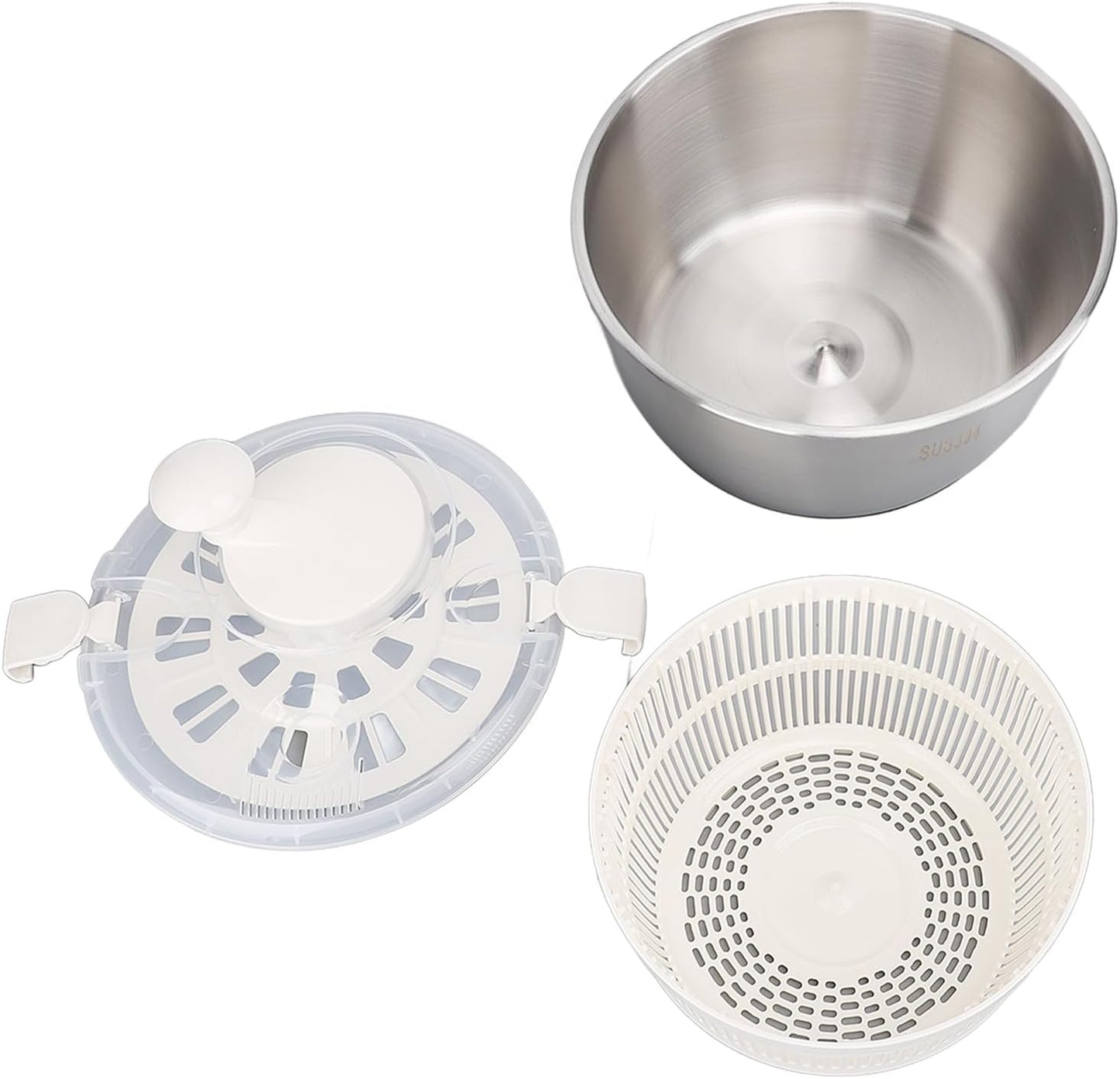 Stainless Steel Salad Spinner, Quick and Easy Vegetable Washer Lettuce Spinner with Transparent Lid and Drain Bowl Colander