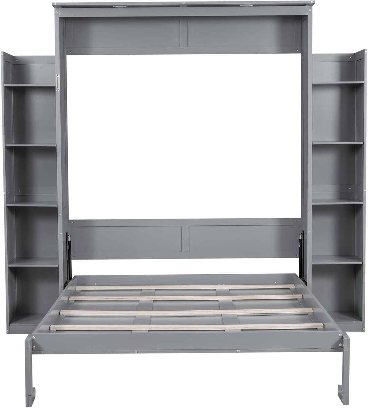Merax Queen Size Murphy Bed with 2 Five-Layer Cabinet, Wall Bed with Shelves and Lights, Foldable Platform Bed Folded into Cabinet for Guest Room, Home and Office (Gray)
