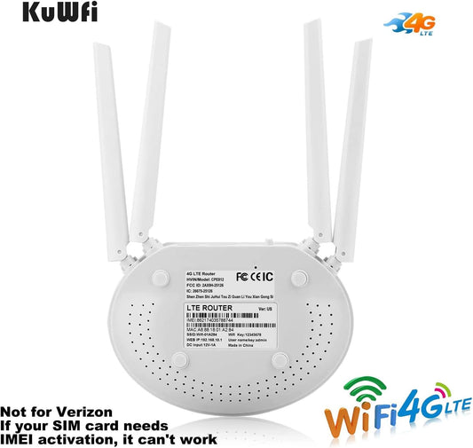 KuWFi 4G LTE Wireless WiFi Internet Router 300Mbps Unlocked with SIM Card Slot 4pcs Non-Detachable Antennas Cat4 150Mbps Mobile WiFi Hotspot for Bell/Fido/Freedom/Koodo/Public/Rogers/Virgin Mobile - PuriLite